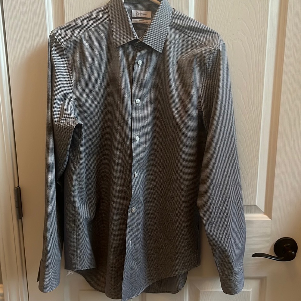 Calvin Klein black and white checkered button down dress shirt